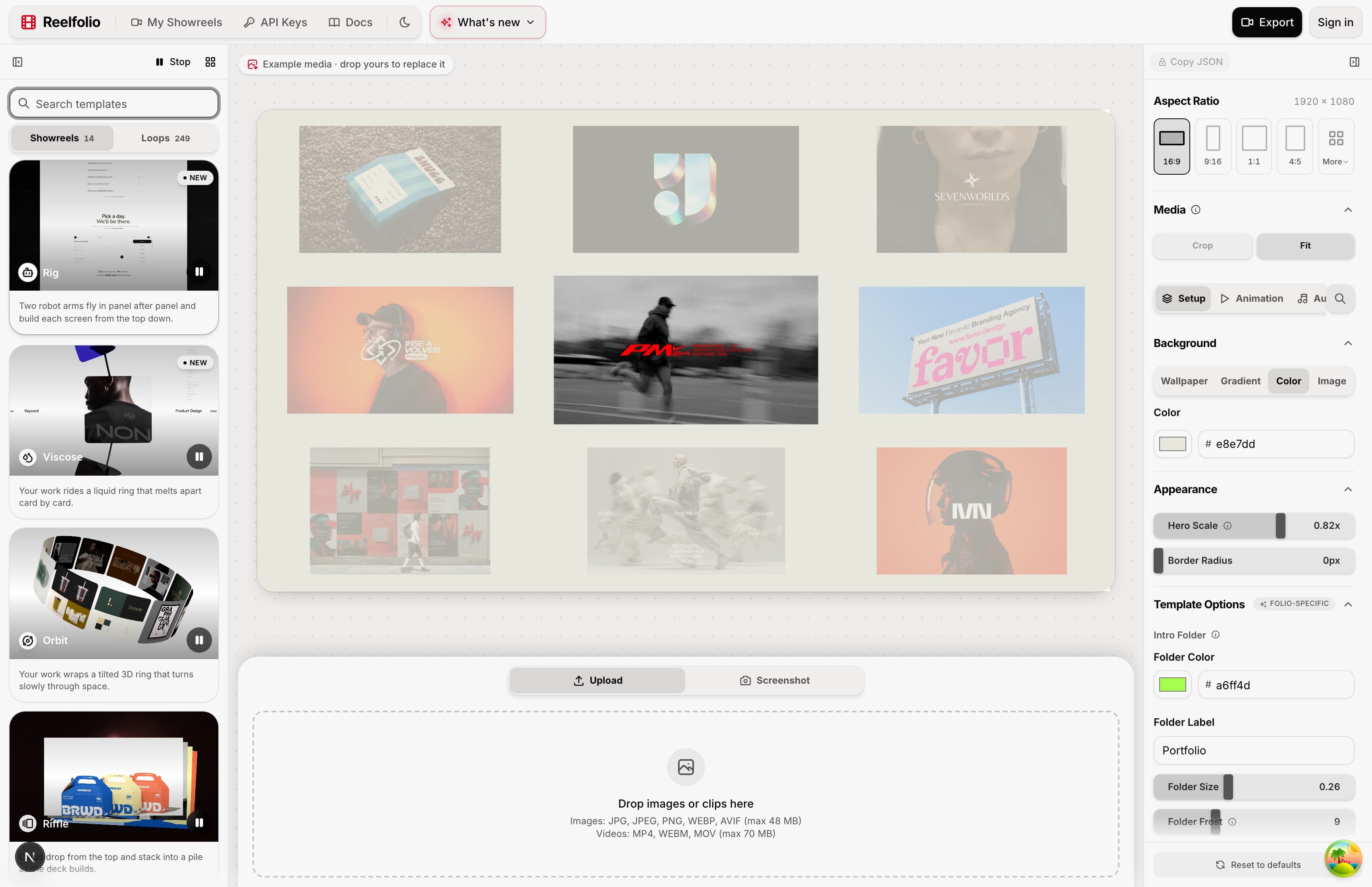 The Reelfolio editor with a reel playing on the canvas