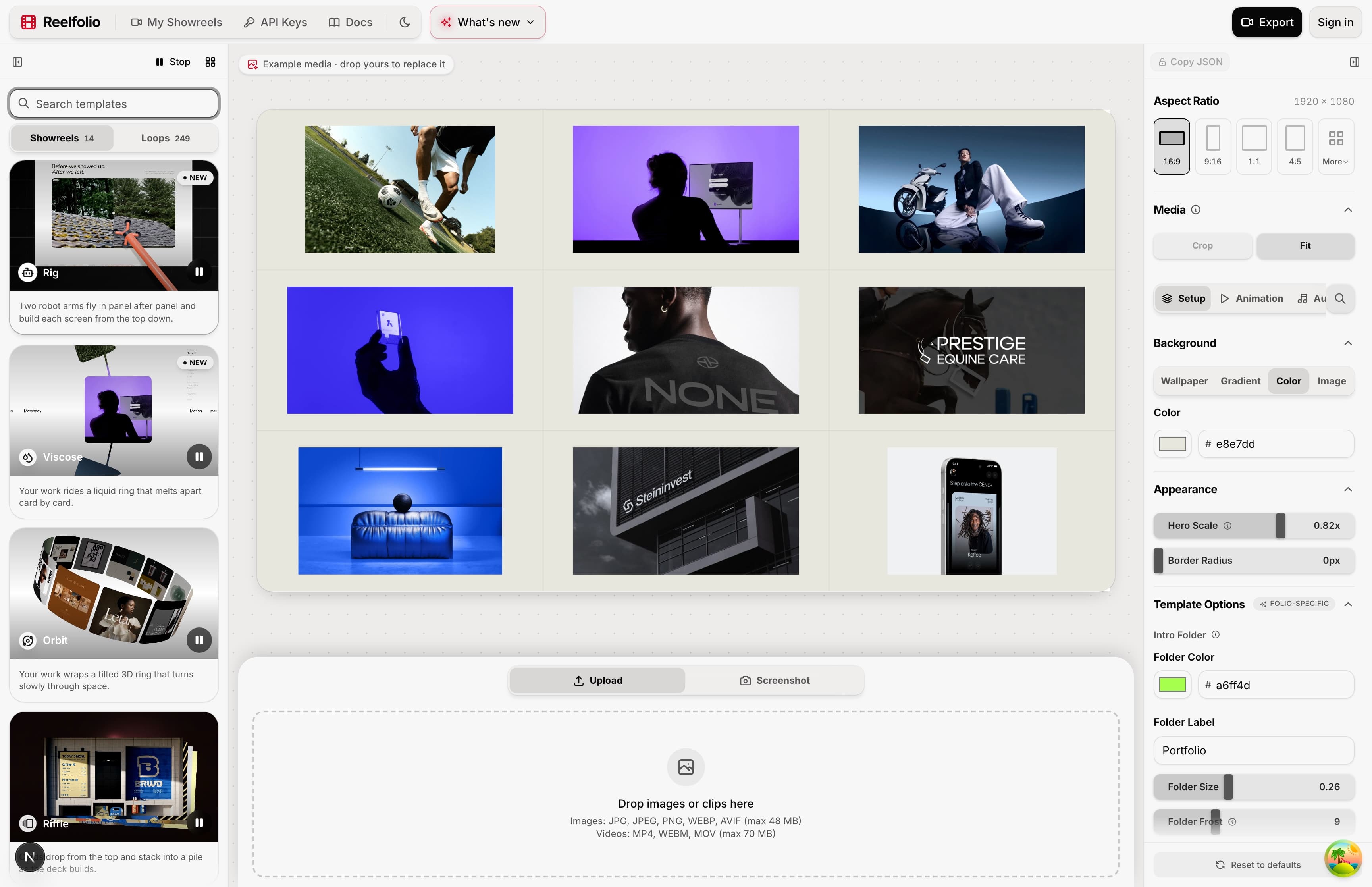 The Reelfolio editor previewing a vertical reel built from screenshots