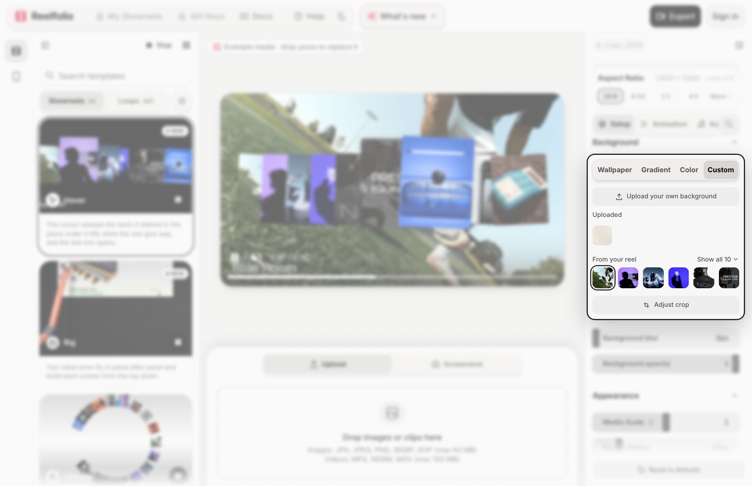 The Background settings on the Custom tab with an uploaded brand image selected behind the reel