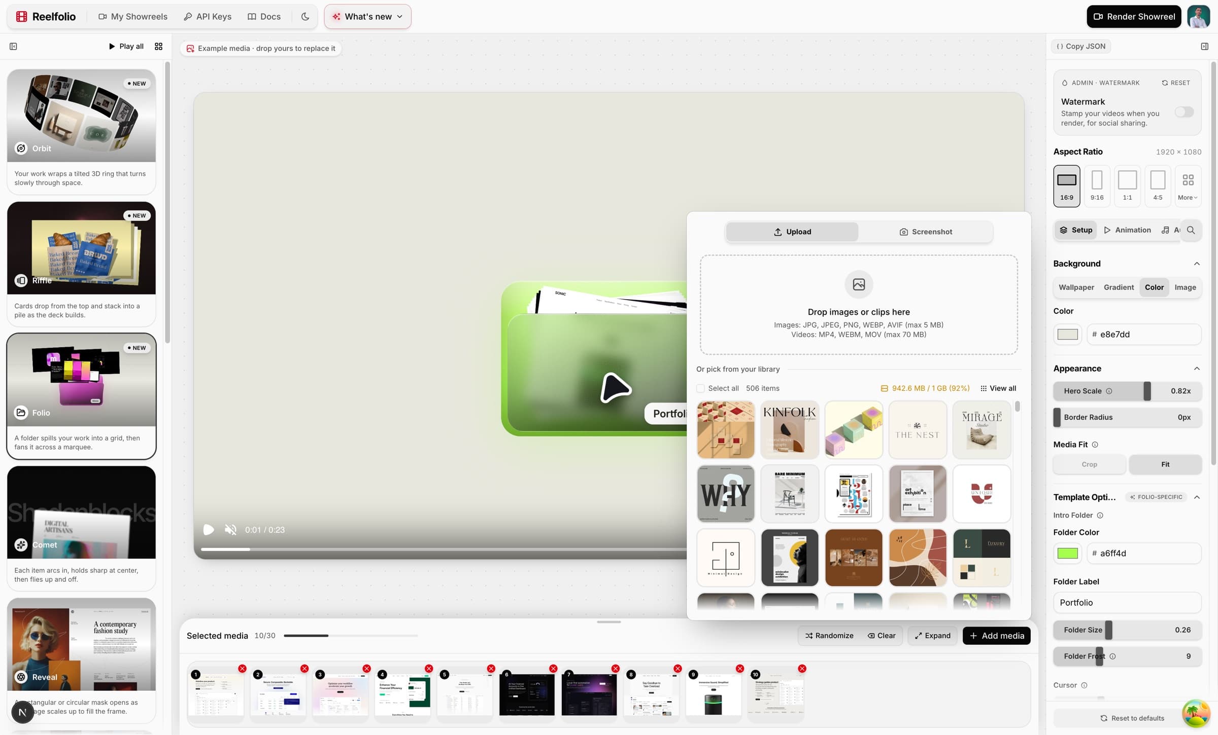 The redesigned studio editor: templates in the left sidebar, media along the bottom, and the reel on a dot-grid canvas