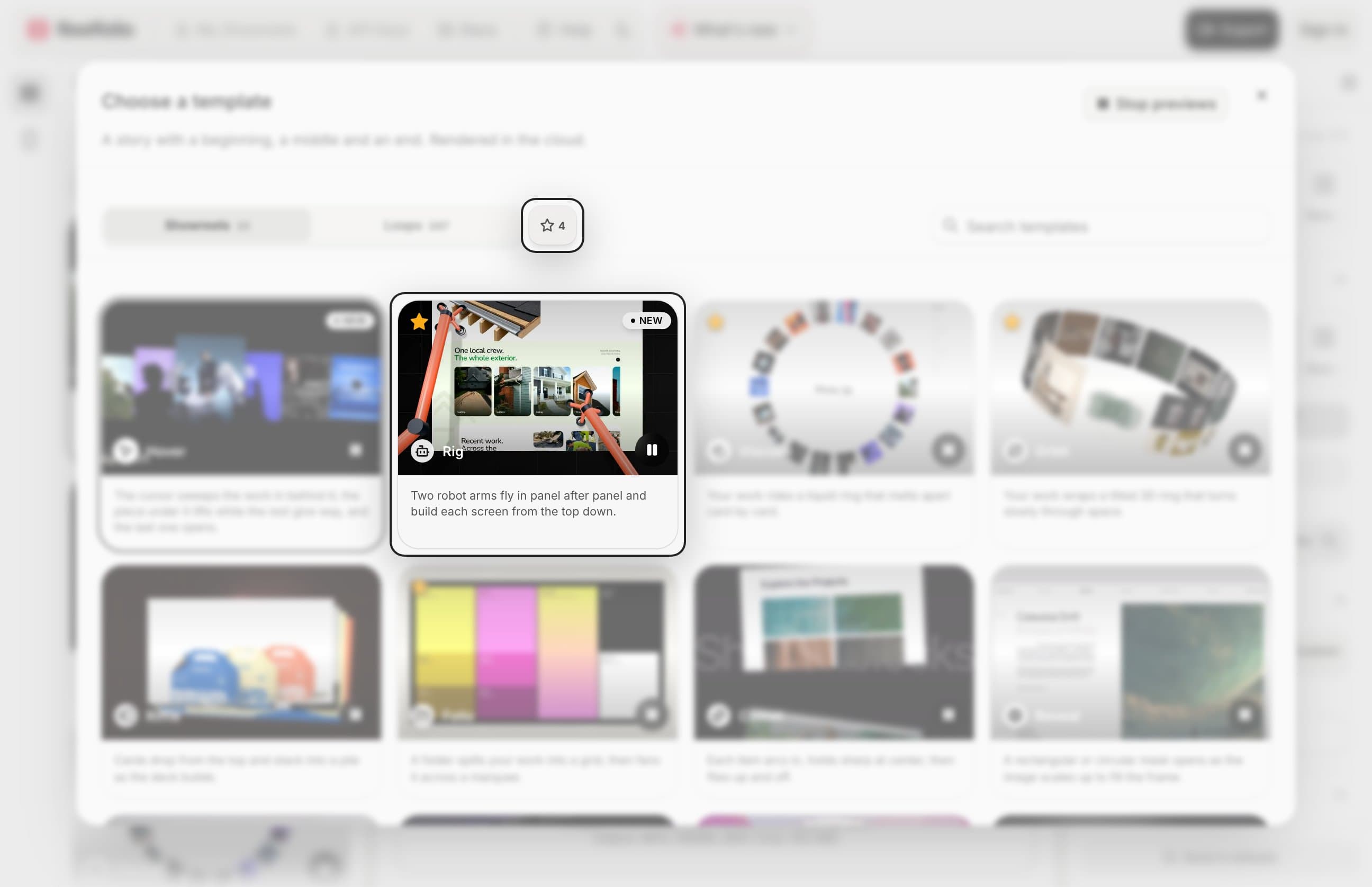 The template picker with a few templates starred and the star button next to the tabs